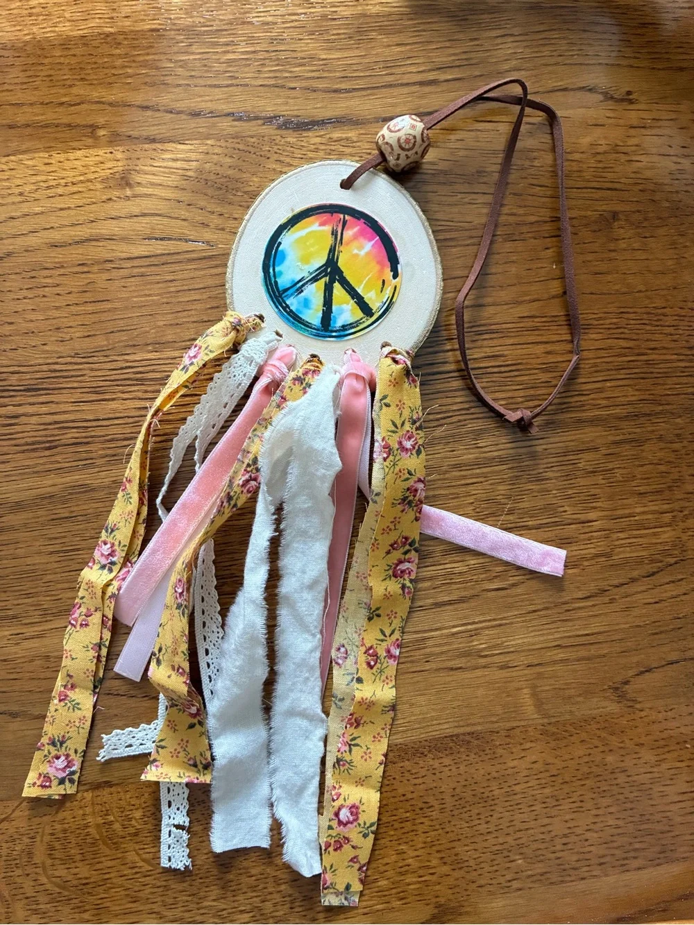 Handmade Boho Yellow & Pink Peace Sign Hanging Wall Décor